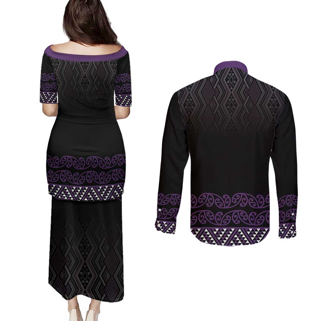 Maori Taniko Patterns Couples Matching Puletasi and Long Sleeve Button Shirt Purple Niho Taniwha Mix Paatiki Motifs LT7 - Polynesian Pride