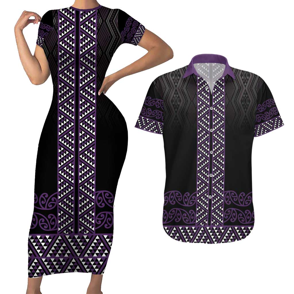 Maori Taniko Patterns Couples Matching Short Sleeve Bodycon Dress and Hawaiian Shirt Purple Niho Taniwha Mix Paatiki Motifs
