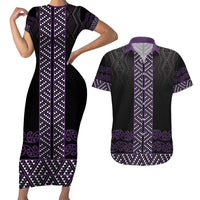Maori Taniko Patterns Couples Matching Short Sleeve Bodycon Dress and Hawaiian Shirt Purple Niho Taniwha Mix Paatiki Motifs