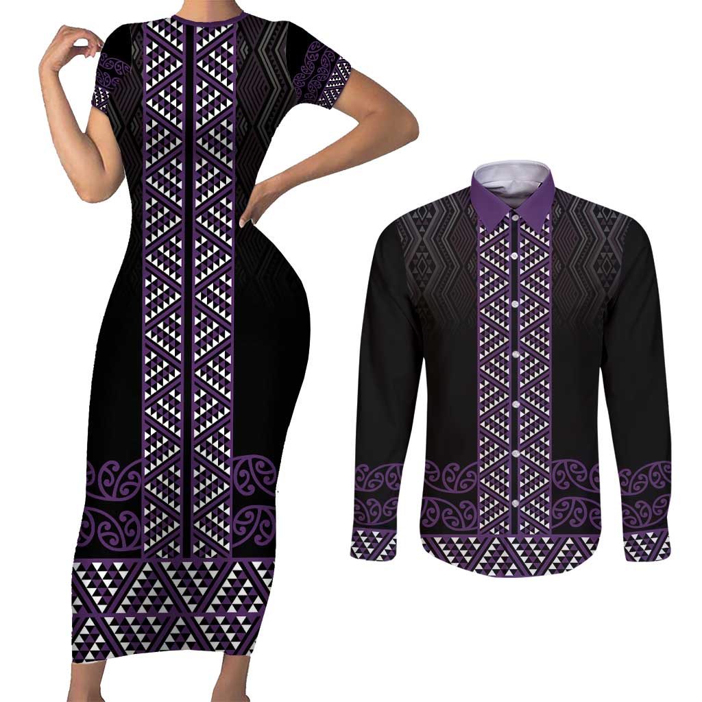 Maori Taniko Patterns Couples Matching Short Sleeve Bodycon Dress and Long Sleeve Button Shirt Purple Niho Taniwha Mix Paatiki Motifs