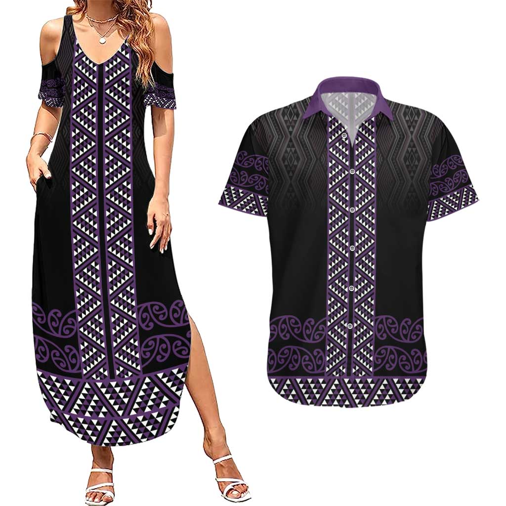 Maori Taniko Patterns Couples Matching Summer Maxi Dress and Hawaiian Shirt Purple Niho Taniwha Mix Paatiki Motifs