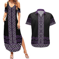 Maori Taniko Patterns Couples Matching Summer Maxi Dress and Hawaiian Shirt Purple Niho Taniwha Mix Paatiki Motifs