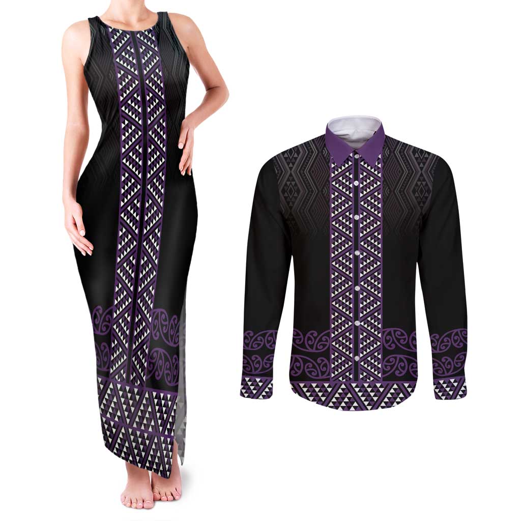 Maori Taniko Patterns Couples Matching Tank Maxi Dress and Long Sleeve Button Shirt Purple Niho Taniwha Mix Paatiki Motifs