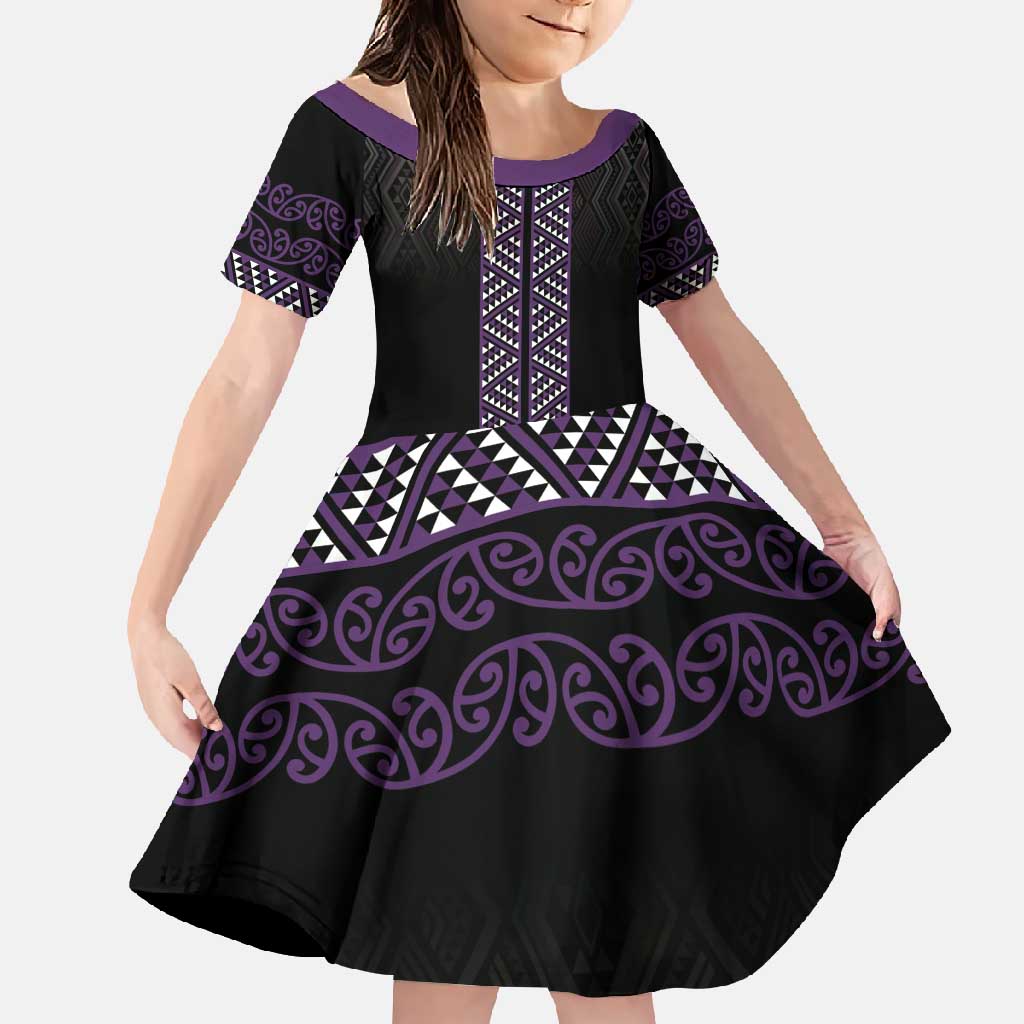 Maori Taniko Patterns Family Matching Long Sleeve Bodycon Dress and Hawaiian Shirt Purple Niho Taniwha Mix Paatiki Motifs