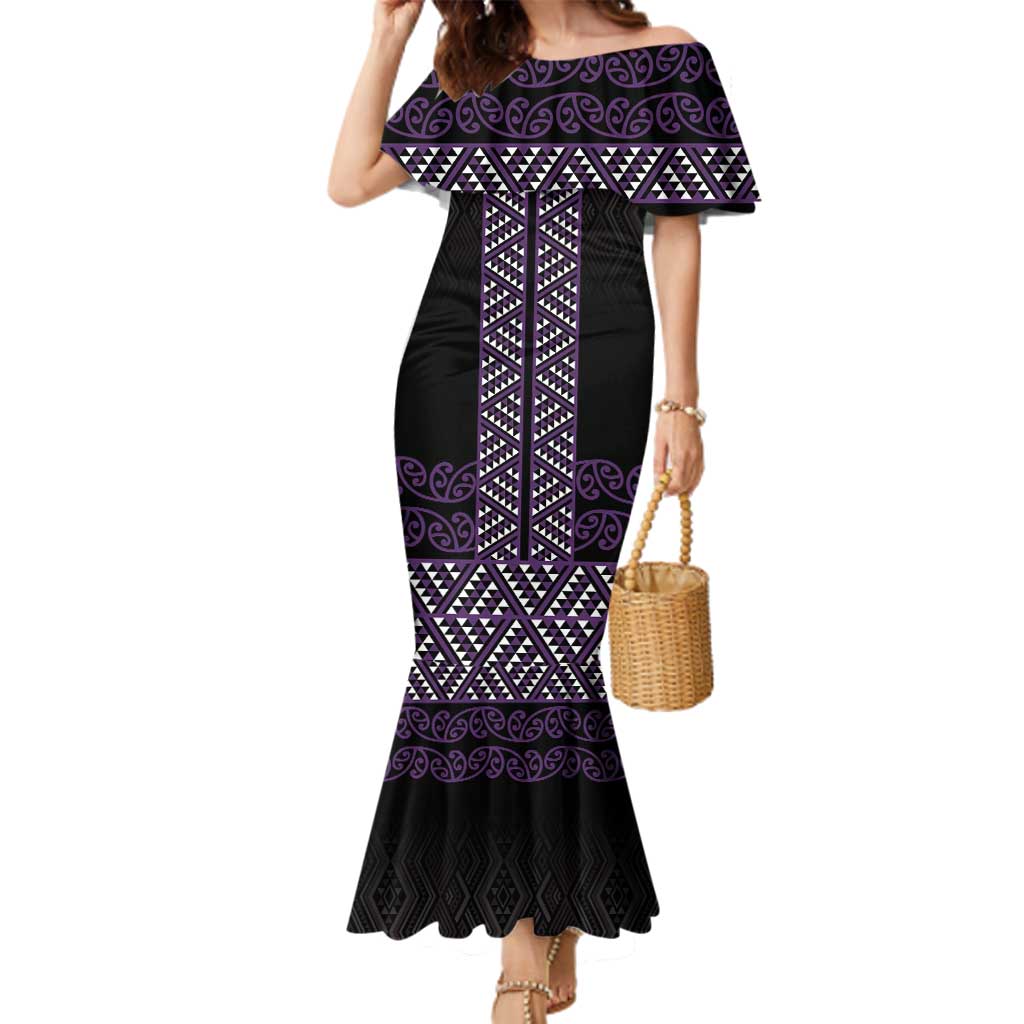 Maori Taniko Patterns Family Matching Mermaid Dress and Hawaiian Shirt Purple Niho Taniwha Mix Paatiki Motifs