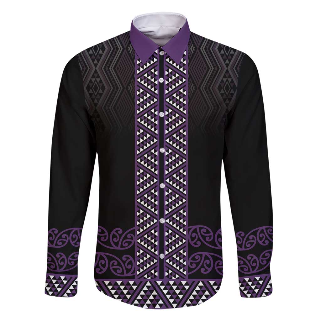 Maori Taniko Patterns Family Matching Off Shoulder Maxi Dress and Hawaiian Shirt Purple Niho Taniwha Mix Paatiki Motifs