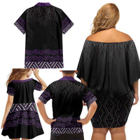 Maori Taniko Patterns Family Matching Off Shoulder Short Dress and Hawaiian Shirt Purple Niho Taniwha Mix Paatiki Motifs