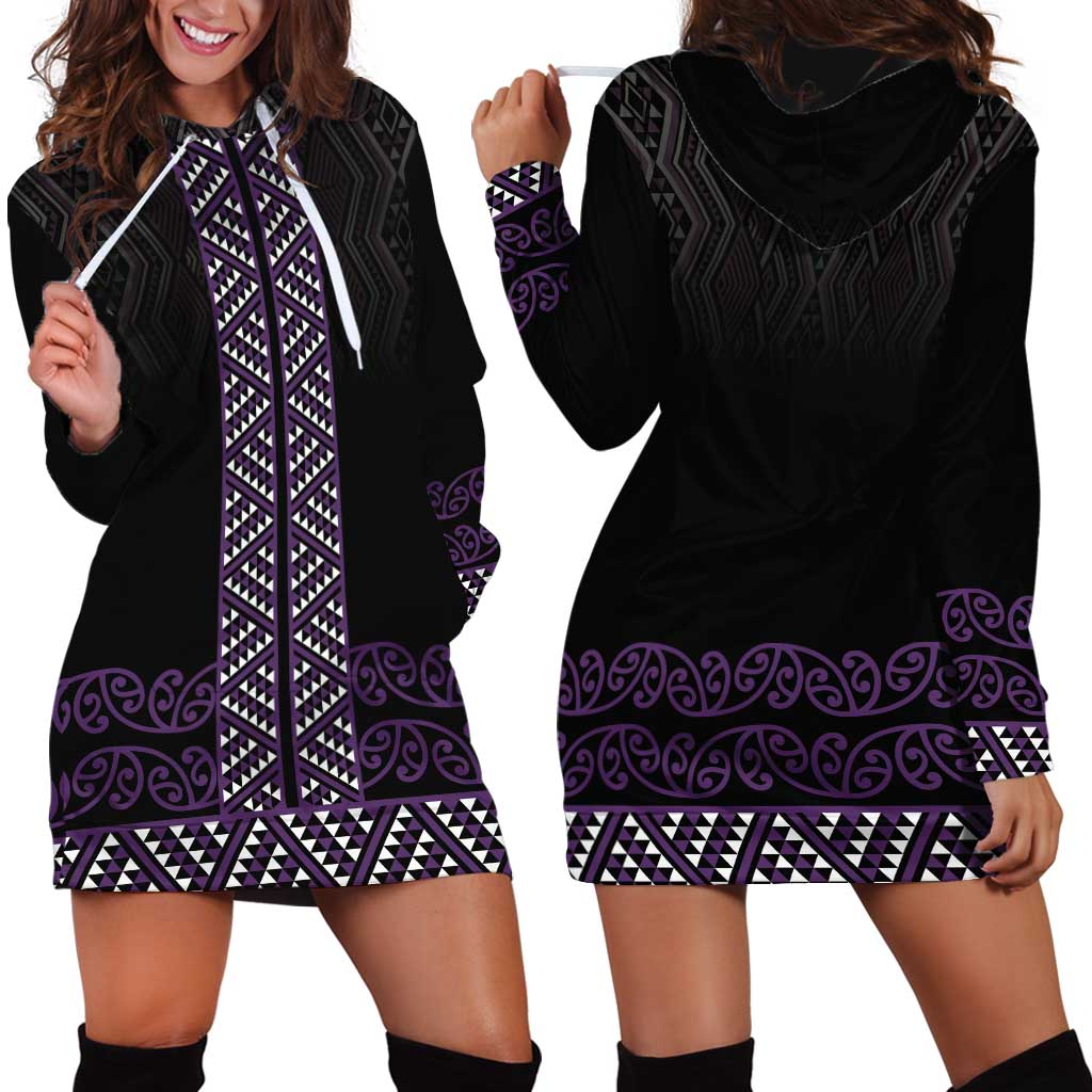 Maori Taniko Patterns Hoodie Dress Purple Niho Taniwha Mix Paatiki Motifs