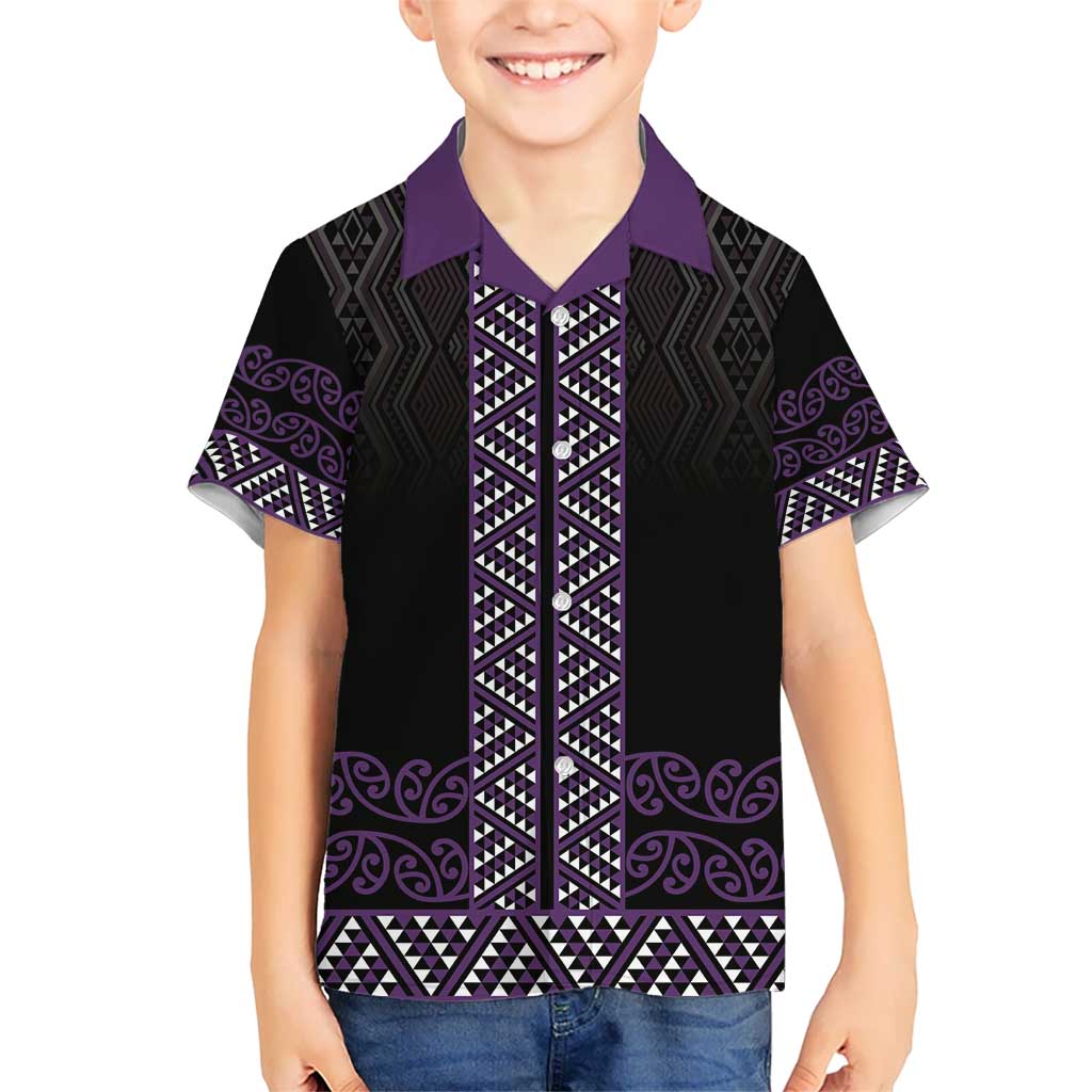Maori Taniko Patterns Kid Hawaiian Shirt Purple Niho Taniwha Mix Paatiki Motifs LT7 Kid Purple - Polynesian Pride