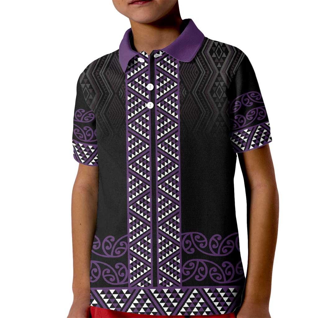 Maori Taniko Patterns Kid Polo Shirt Purple Niho Taniwha Mix Paatiki Motifs