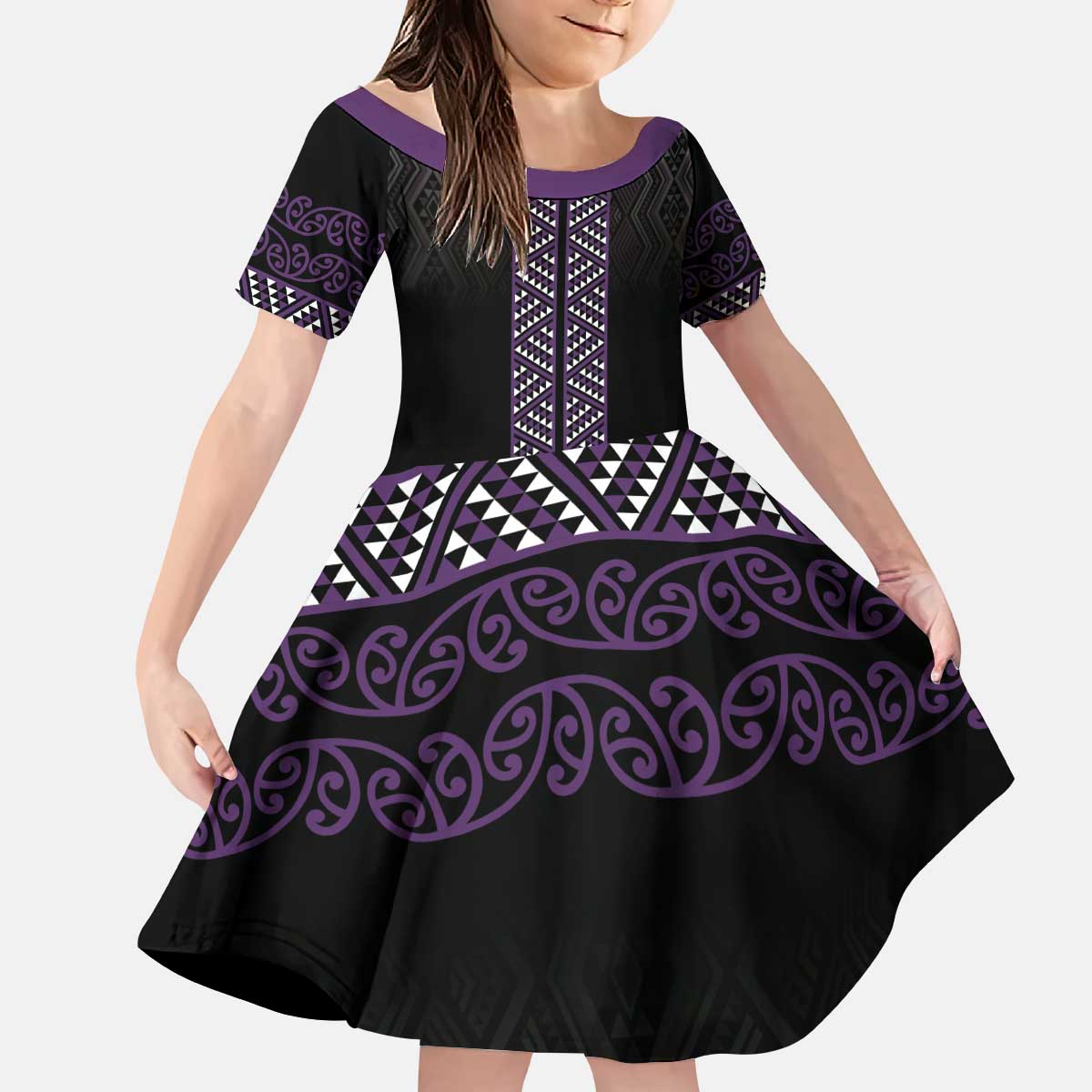 Maori Taniko Patterns Kid Short Sleeve Dress Purple Niho Taniwha Mix Paatiki Motifs LT7 KID Purple - Polynesian Pride