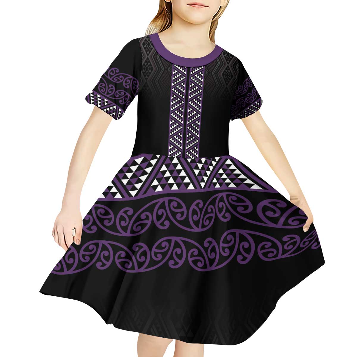 Maori Taniko Patterns Kid Short Sleeve Dress Purple Niho Taniwha Mix Paatiki Motifs LT7 - Polynesian Pride