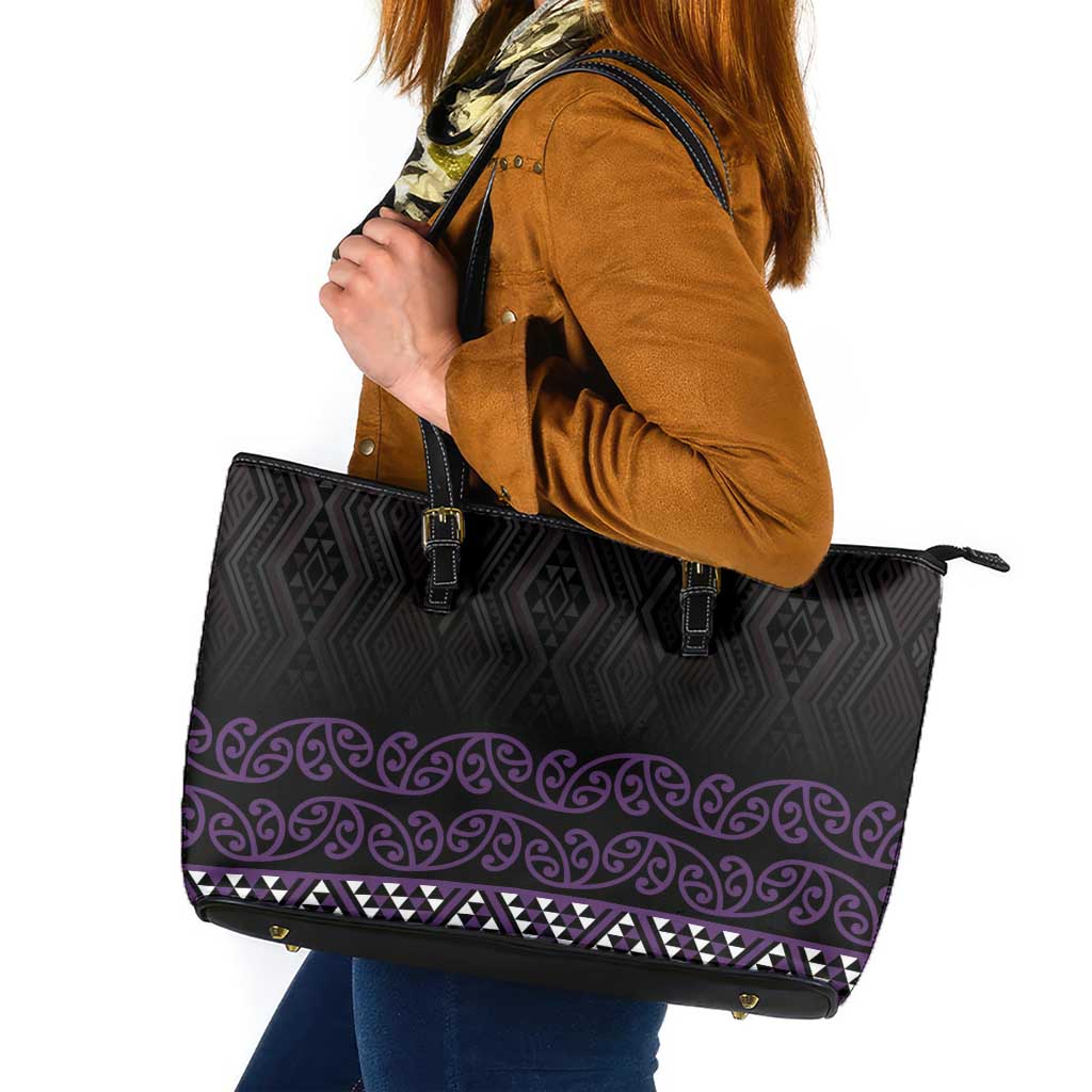 Maori Taniko Patterns Leather Tote Bag Purple Niho Taniwha Mix Paatiki Motifs