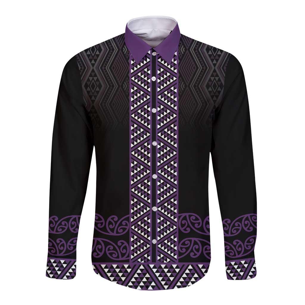 Maori Taniko Patterns Long Sleeve Button Shirt Purple Niho Taniwha Mix Paatiki Motifs