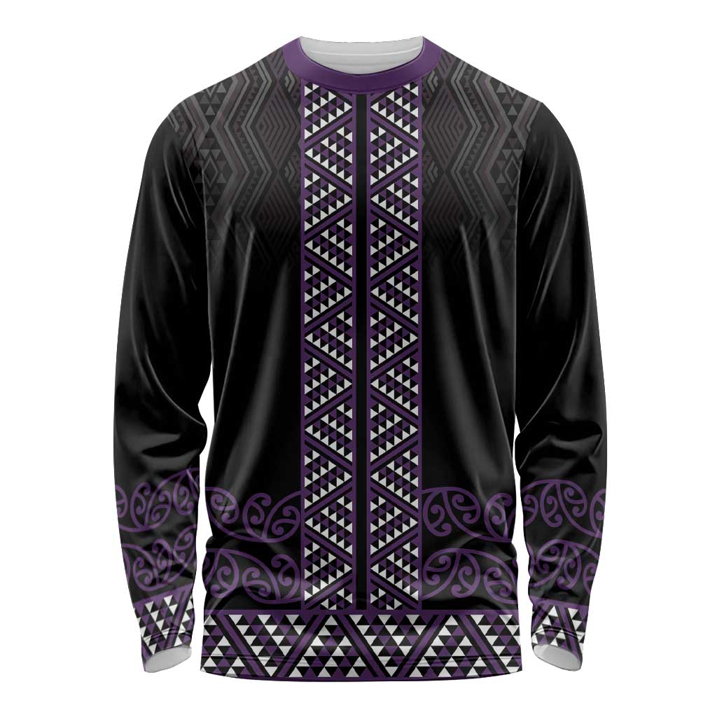 Maori Taniko Patterns Long Sleeve Shirt Purple Niho Taniwha Mix Paatiki Motifs