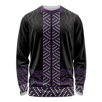 Maori Taniko Patterns Long Sleeve Shirt Purple Niho Taniwha Mix Paatiki Motifs