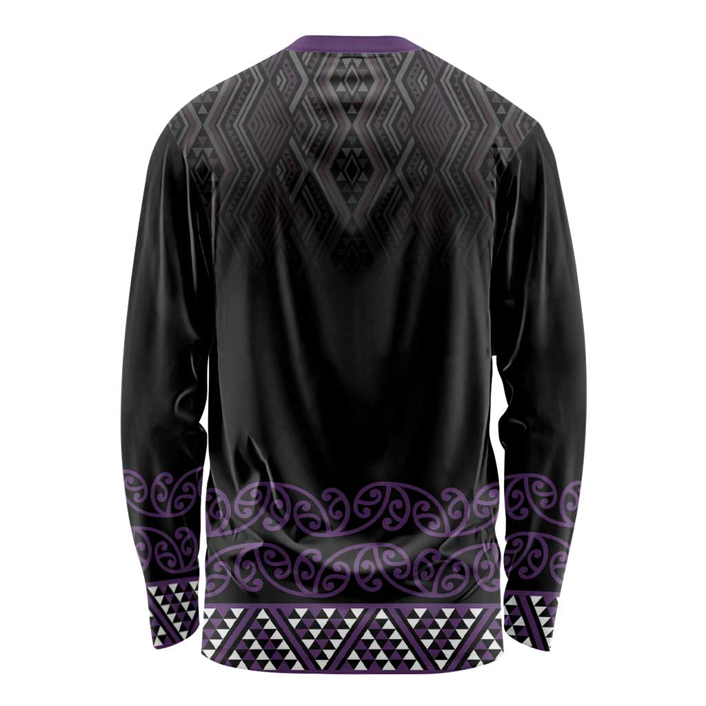 Maori Taniko Patterns Long Sleeve Shirt Purple Niho Taniwha Mix Paatiki Motifs