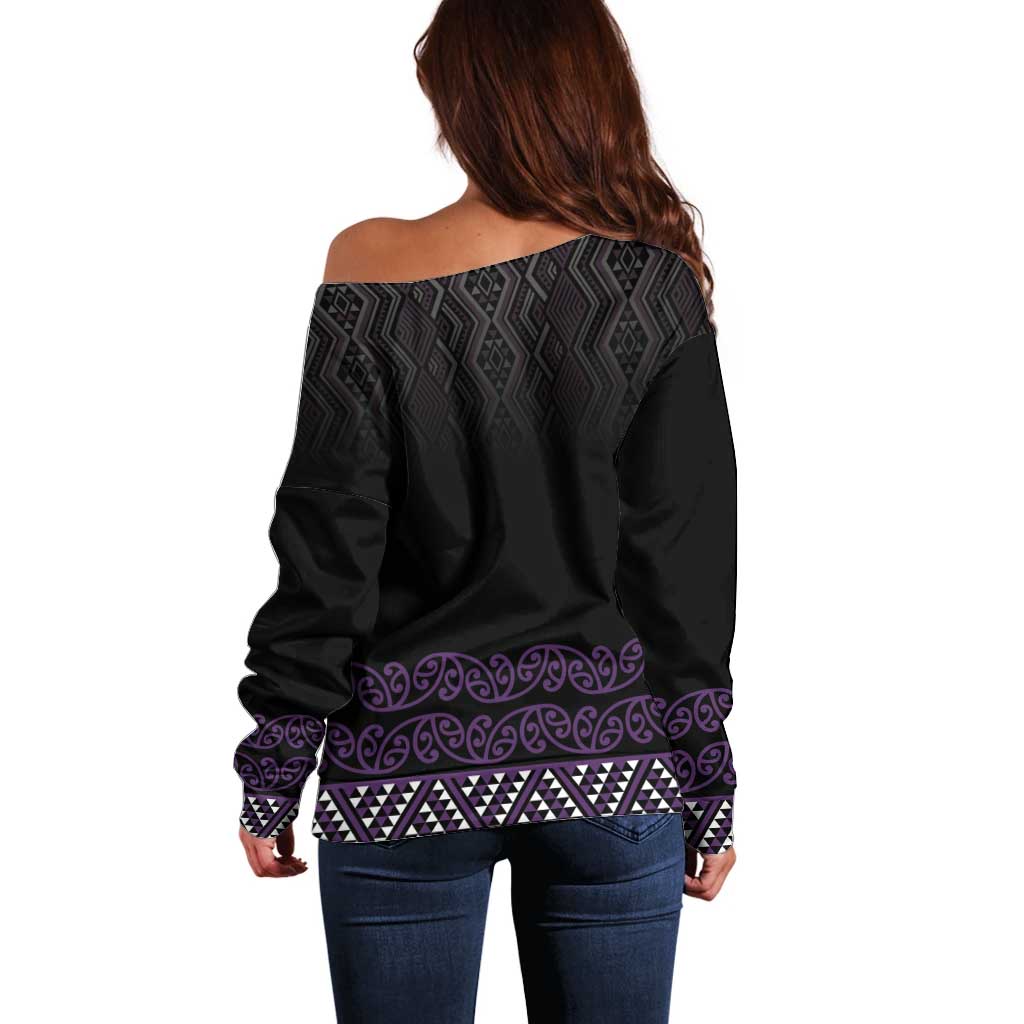 Maori Taniko Patterns Off Shoulder Sweater Purple Niho Taniwha Mix Paatiki Motifs