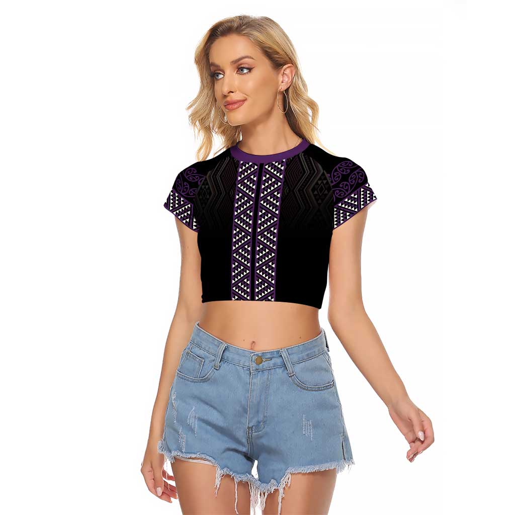 Maori Taniko Patterns Raglan Cropped T Shirt Purple Niho Taniwha Mix Paatiki Motifs