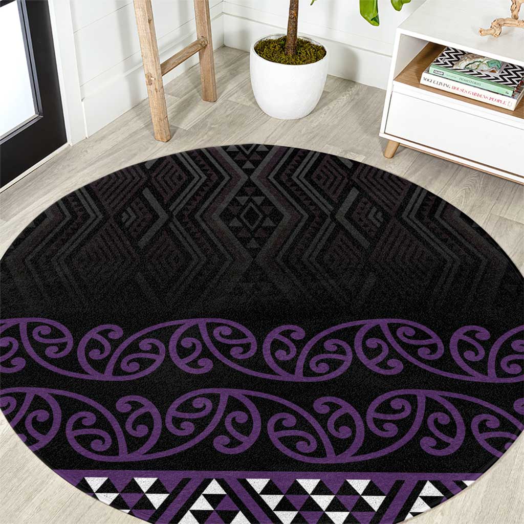 Maori Taniko Patterns Round Carpet Purple Niho Taniwha Mix Paatiki Motifs