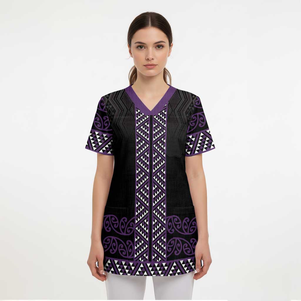 Maori Taniko Patterns Scrub Top Purple Niho Taniwha Mix Paatiki Motifs LT7 - Polynesian Pride