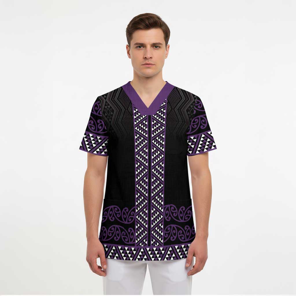 Maori Taniko Patterns Scrub Top Purple Niho Taniwha Mix Paatiki Motifs LT7 - Polynesian Pride