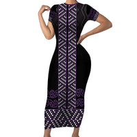 Maori Taniko Patterns Short Sleeve Bodycon Dress Purple Niho Taniwha Mix Paatiki Motifs