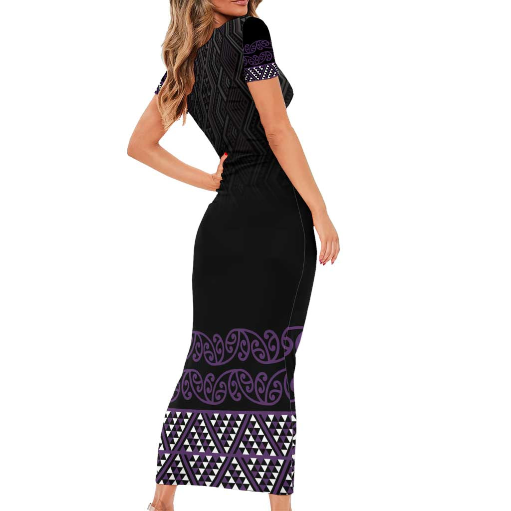 Maori Taniko Patterns Short Sleeve Bodycon Dress Purple Niho Taniwha Mix Paatiki Motifs