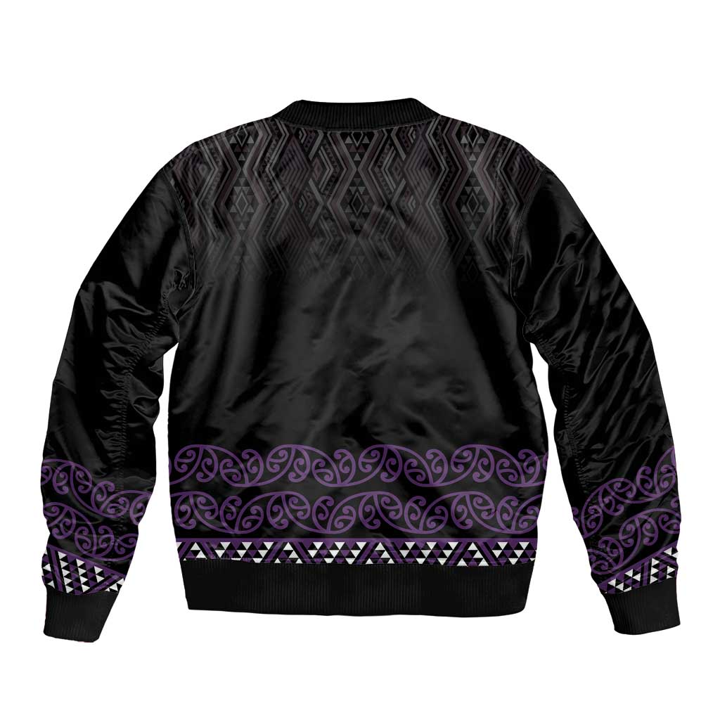 Maori Taniko Patterns Sleeve Zip Bomber Jacket Purple Niho Taniwha Mix Paatiki Motifs