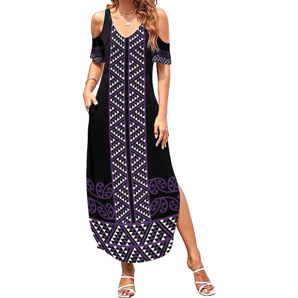 Maori Taniko Patterns Summer Maxi Dress Purple Niho Taniwha Mix Paatiki Motifs