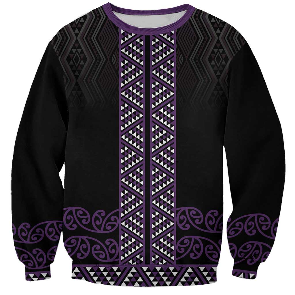 Maori Taniko Patterns Sweatshirt Purple Niho Taniwha Mix Paatiki Motifs