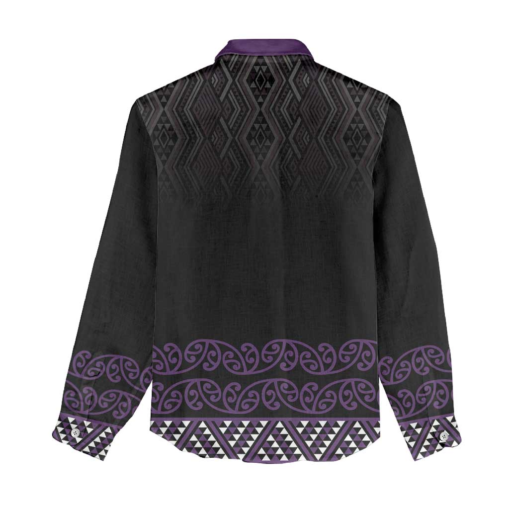 Maori Taniko Patterns Women Casual Shirt Purple Niho Taniwha Mix Paatiki Motifs