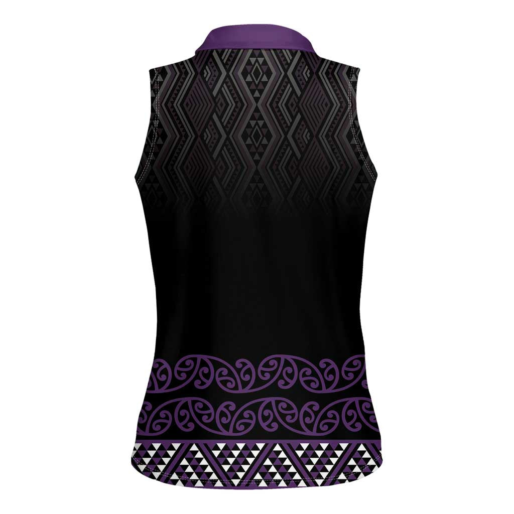 Maori Taniko Patterns Women Sleeveless Polo Shirt Purple Niho Taniwha Mix Paatiki Motifs