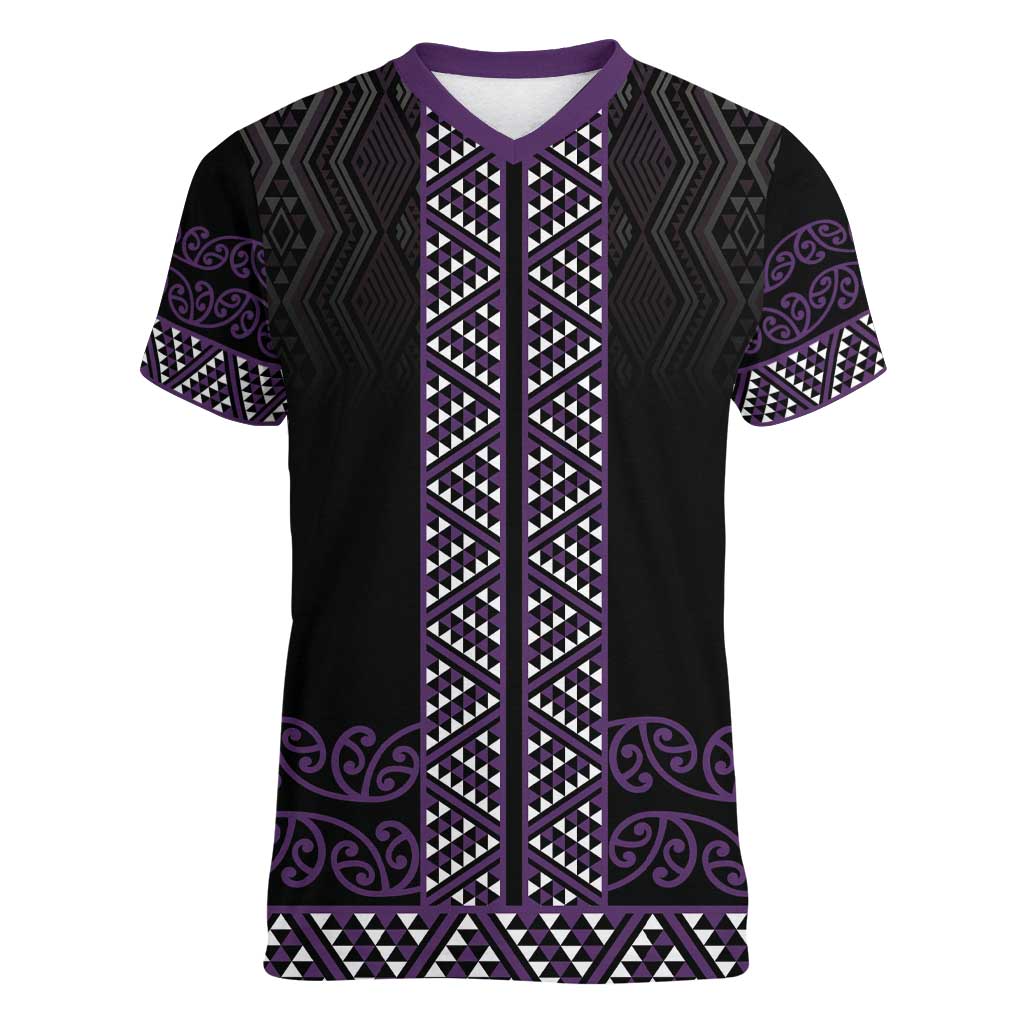 Maori Taniko Patterns Women V-Neck T-Shirt Purple Niho Taniwha Mix Paatiki Motifs