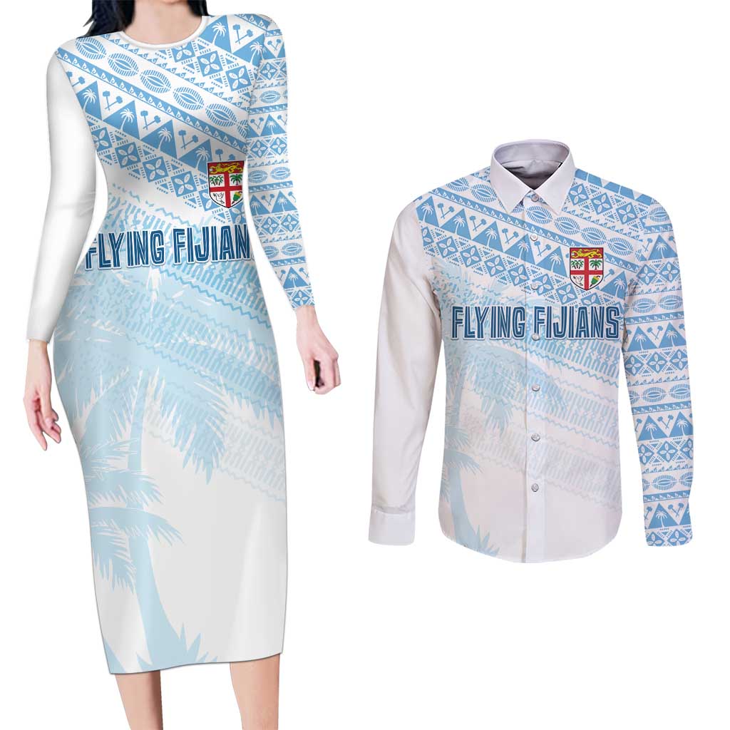 Fiji Rugby Custom Kaiviti Masi Couples Matching Long Sleeve Bodycon Dress and Long Sleeve Button Shirt Turquoise - Polynesian Pride