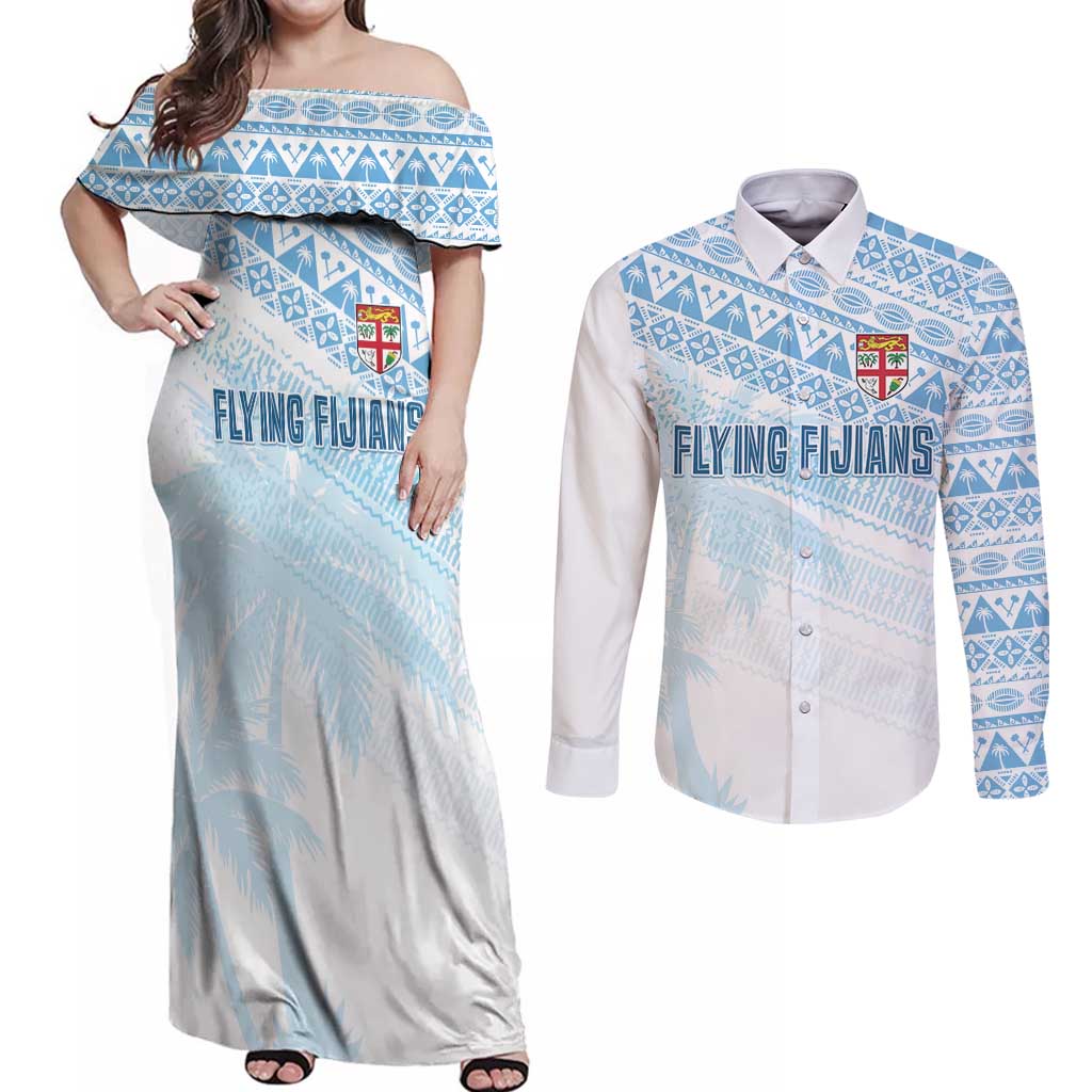 Fiji Rugby Custom Kaiviti Masi Couples Matching Off Shoulder Maxi Dress and Long Sleeve Button Shirt Turquoise - Polynesian Pride