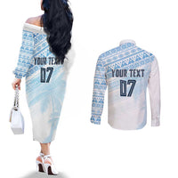 Fiji Rugby Custom Kaiviti Masi Couples Matching Off The Shoulder Long Sleeve Dress and Long Sleeve Button Shirt Turquoise - Polynesian Pride