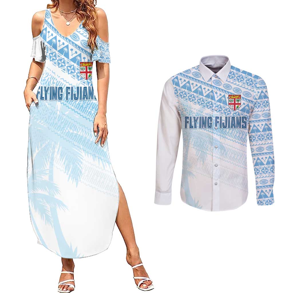 Fiji Rugby Custom Kaiviti Masi Couples Matching Summer Maxi Dress and Long Sleeve Button Shirt Turquoise - Polynesian Pride
