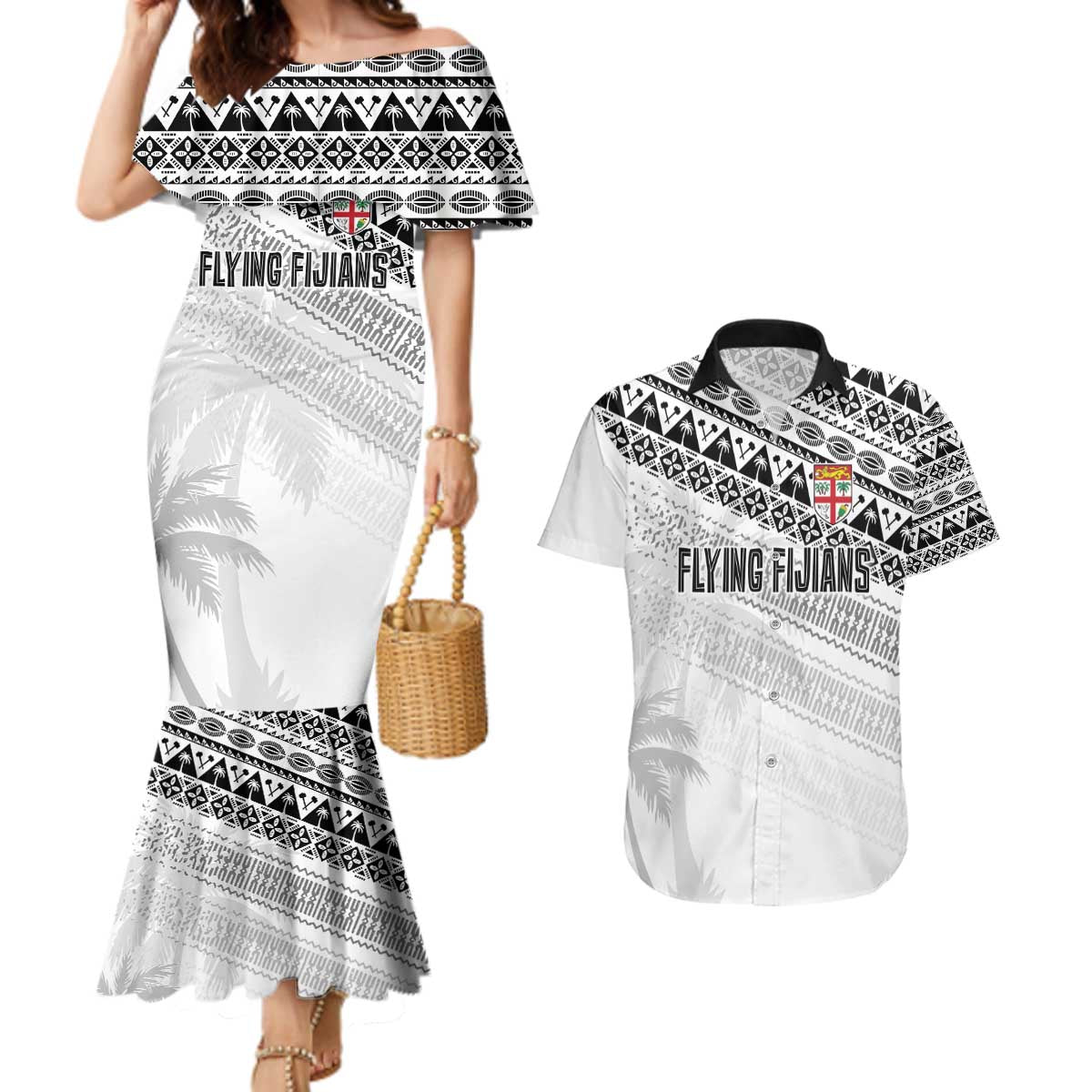 Fiji Rugby Custom Kaiviti Masi Couples Matching Mermaid Dress and Hawaiian Shirt Black - Polynesian Pride