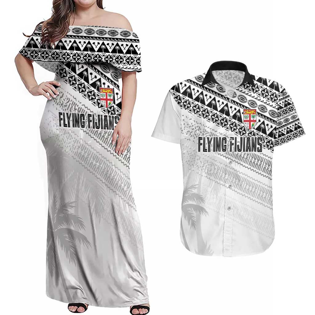Fiji Rugby Custom Kaiviti Masi Couples Matching Off Shoulder Maxi Dress and Hawaiian Shirt Black - Polynesian Pride