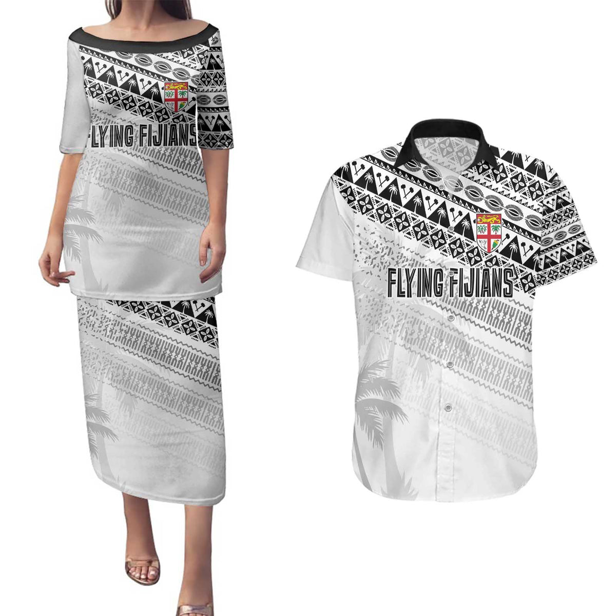 Fiji Rugby Custom Kaiviti Masi Couples Matching Puletasi and Hawaiian Shirt Black - Polynesian Pride