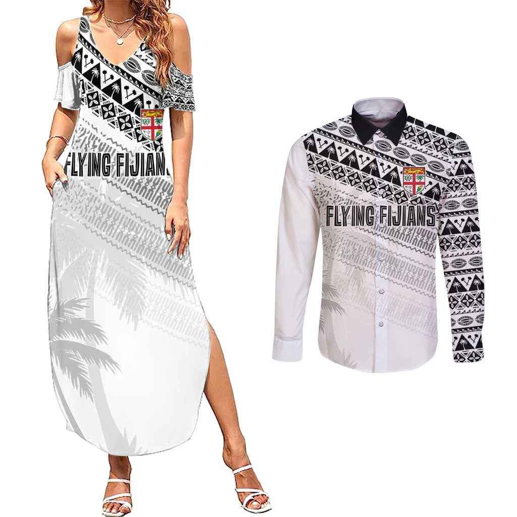 Fiji Rugby Custom Kaiviti Masi Couples Matching Summer Maxi Dress and Long Sleeve Button Shirt Black - Polynesian Pride