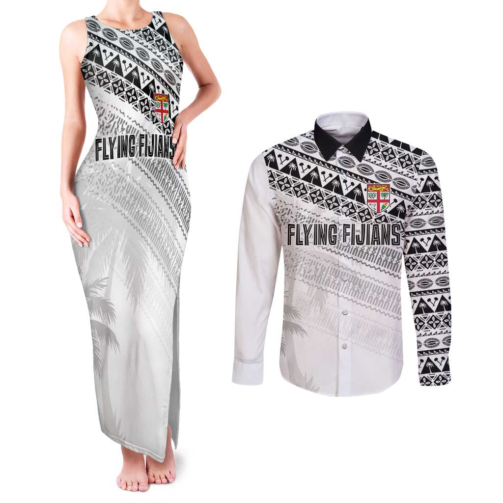 Fiji Rugby Custom Kaiviti Masi Couples Matching Tank Maxi Dress and Long Sleeve Button Shirt Black - Polynesian Pride