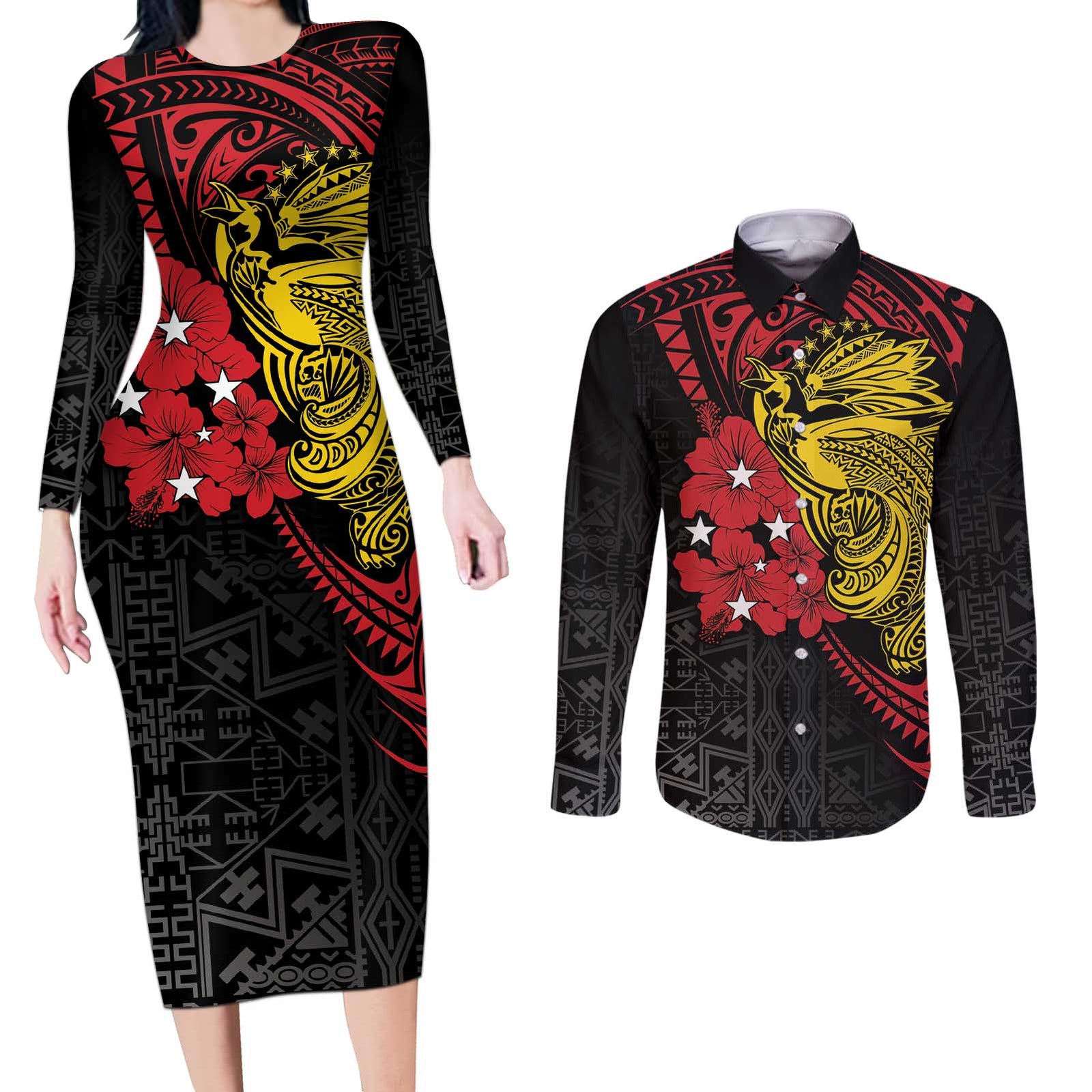 Papua New Guinea 49th Independence Day Couples Matching Long Sleeve Bodycon Dress and Long Sleeve Button Shirt Motuan Revareva Bird-of-Paradise LT7 Black - Polynesian Pride