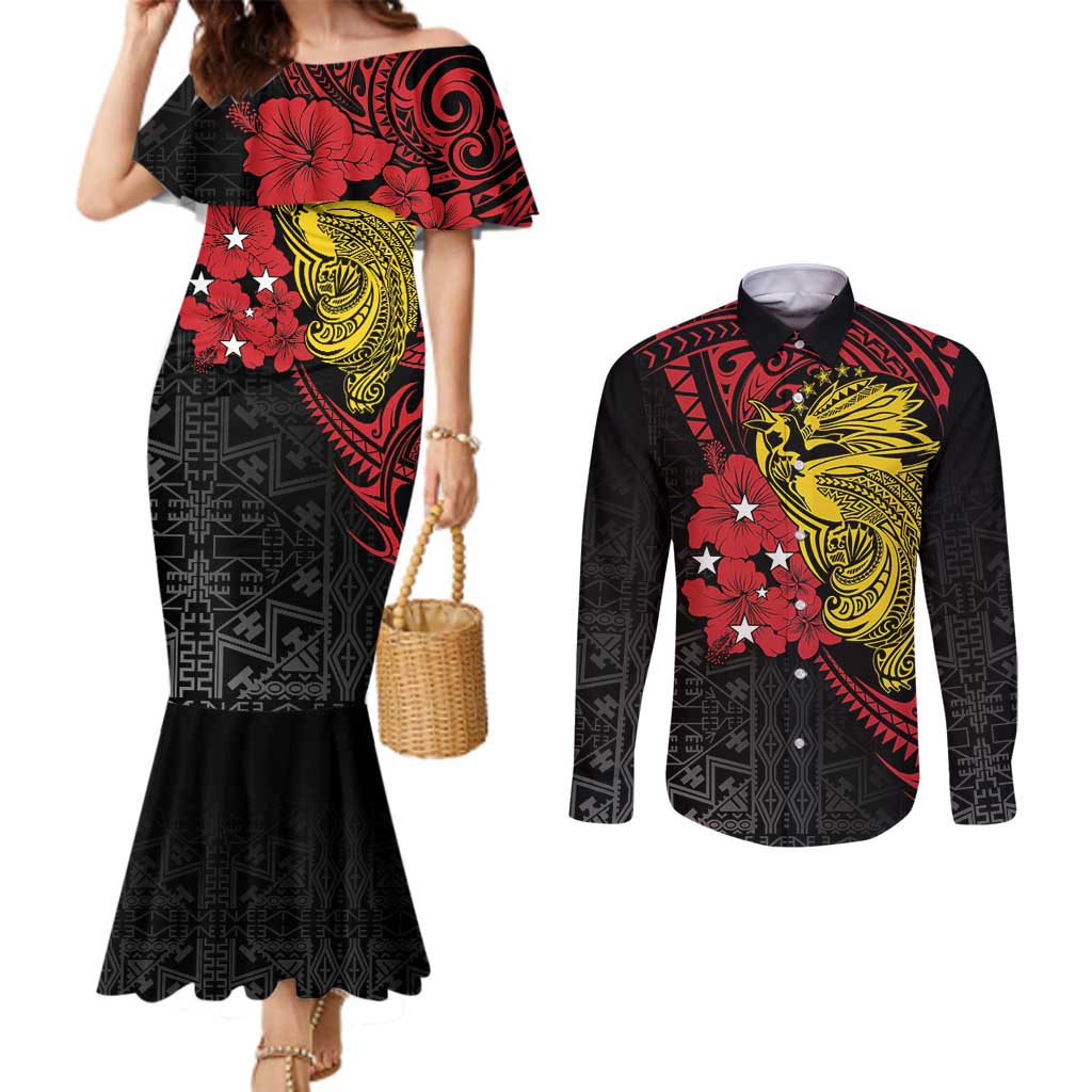 Papua New Guinea 49th Independence Day Couples Matching Mermaid Dress and Long Sleeve Button Shirt Motuan Revareva Bird-of-Paradise LT7 Black - Polynesian Pride
