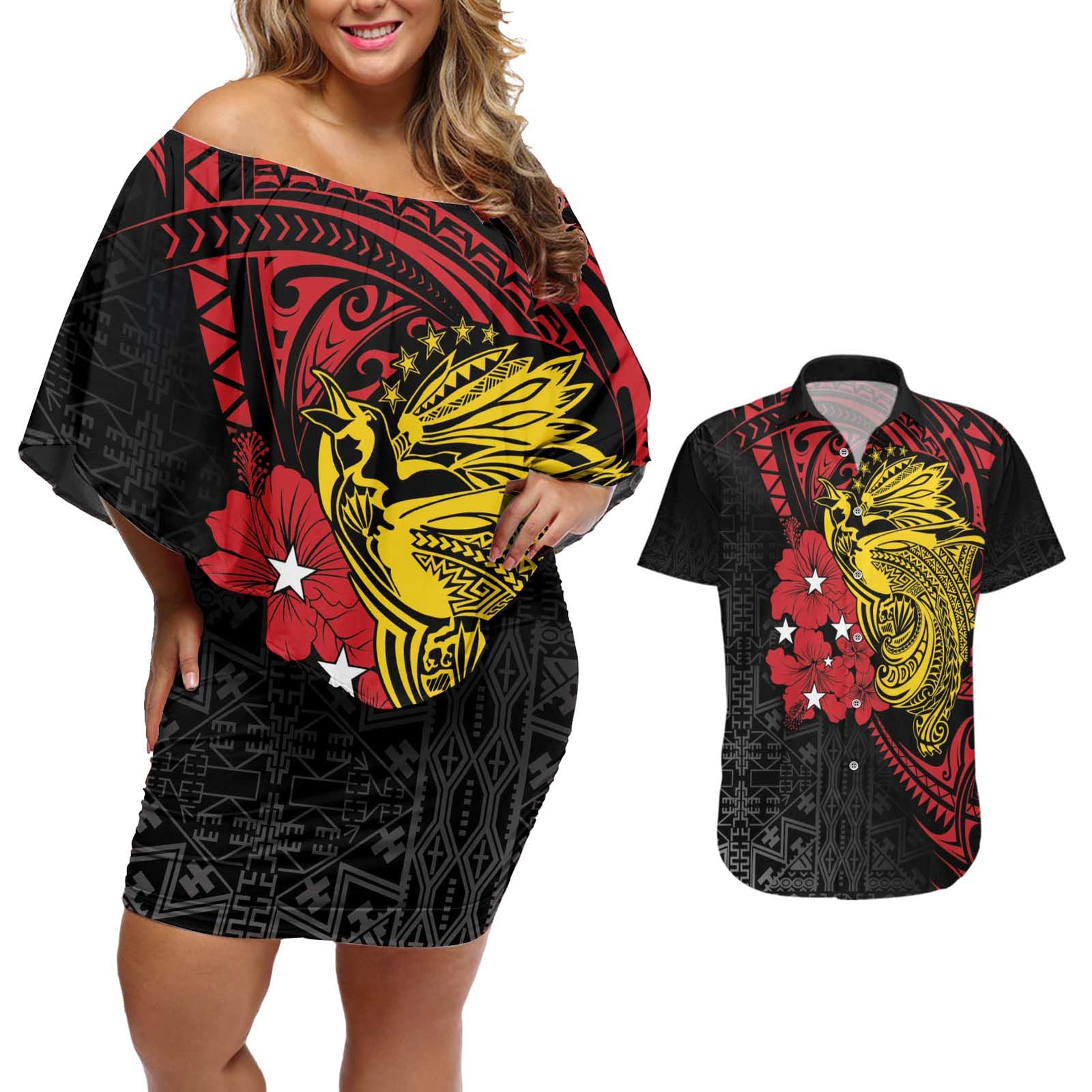 Papua New Guinea 49th Independence Day Couples Matching Off Shoulder Short Dress and Hawaiian Shirt Motuan Revareva Bird-of-Paradise LT7 Black - Polynesian Pride
