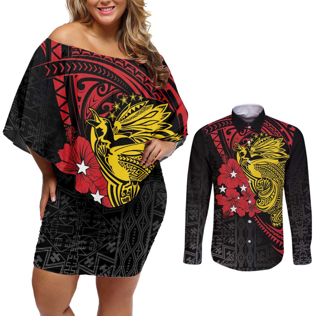 Papua New Guinea 49th Independence Day Couples Matching Off Shoulder Short Dress and Long Sleeve Button Shirt Motuan Revareva Bird-of-Paradise LT7 Black - Polynesian Pride