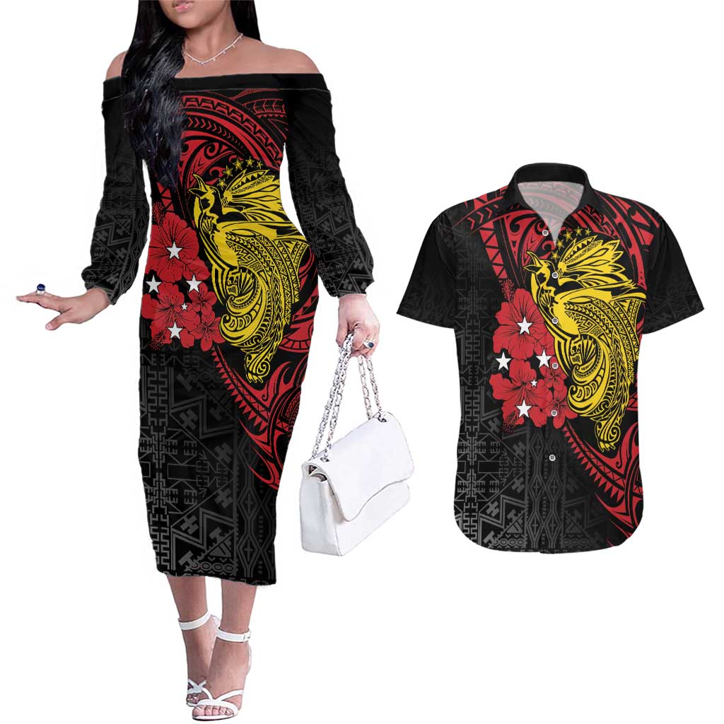 Papua New Guinea 49th Independence Day Couples Matching Off The Shoulder Long Sleeve Dress and Hawaiian Shirt Motuan Revareva Bird-of-Paradise