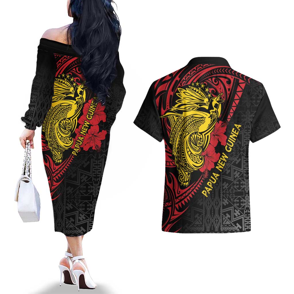 Papua New Guinea 49th Independence Day Couples Matching Off The Shoulder Long Sleeve Dress and Hawaiian Shirt Motuan Revareva Bird-of-Paradise