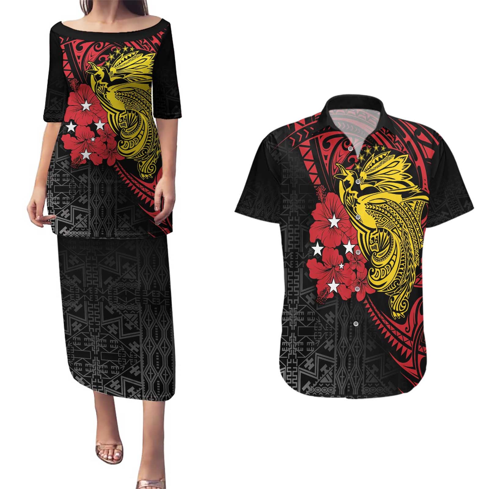 Papua New Guinea 49th Independence Day Couples Matching Puletasi and Hawaiian Shirt Motuan Revareva Bird-of-Paradise LT7 Black - Polynesian Pride